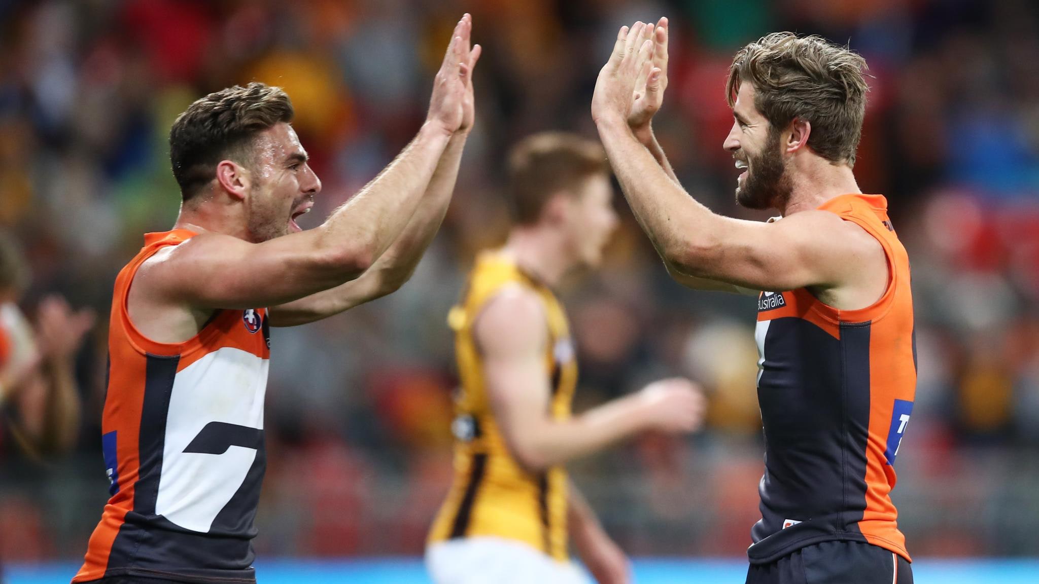 ward cogs.jpg Stephen Coniglio and Callan Ward celebrate a win in 2018 - AFL,GWS Giants,Callan Ward,Stephen Coniglio,Injuries